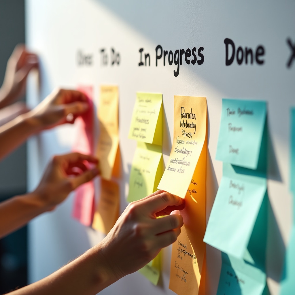 Close-up of physical Kanban board with colorful task cards organized in columns showing project workflow stages