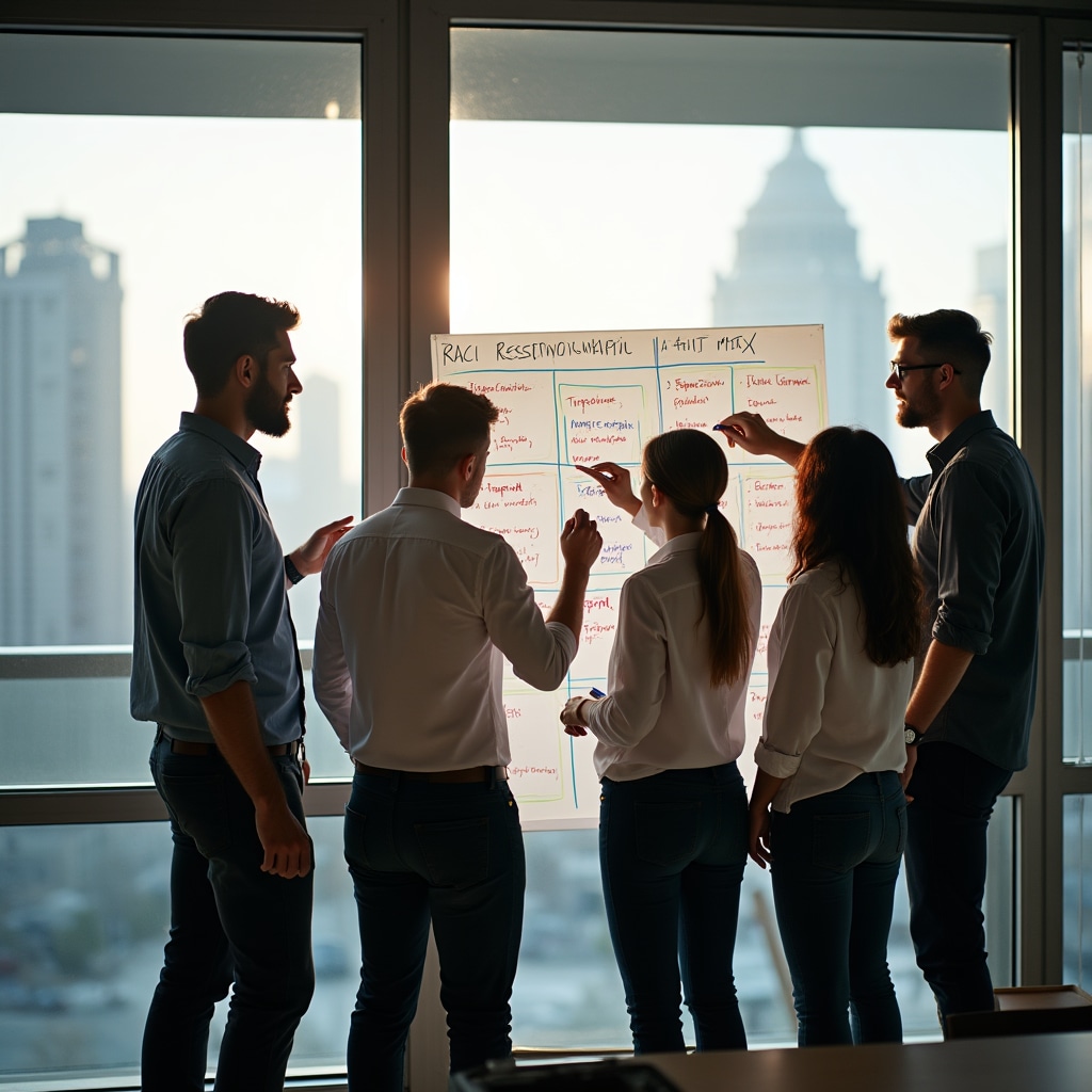 Workshop participants collaborating on RACI matrix on whiteboard, assigning roles and responsibilities across project tasks