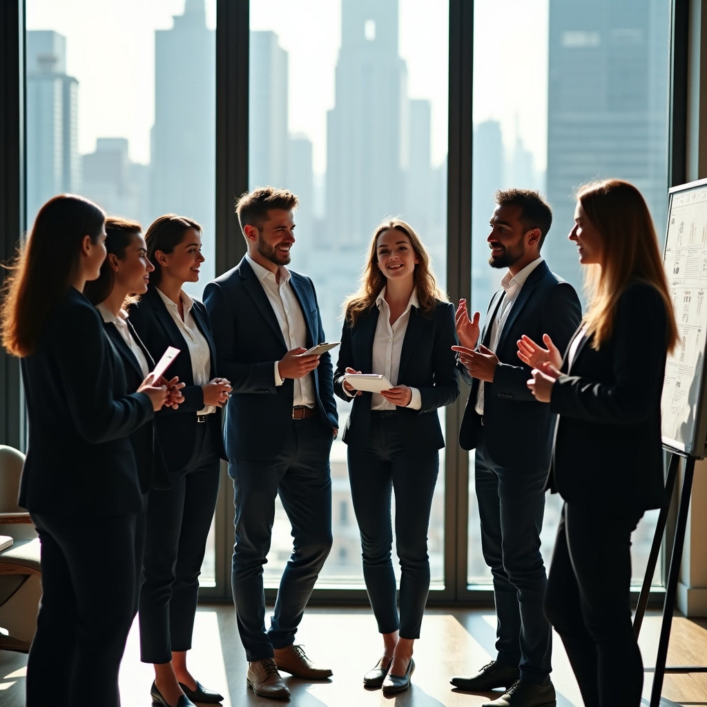 Team members standing in circle during brief standup meeting, some holding notebooks, focused on central Kanban board