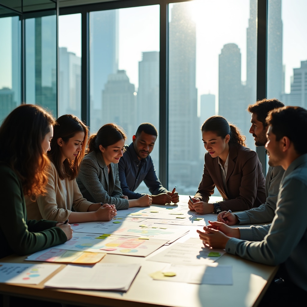 Workshop participants working together on project planning exercise using visual boards and sticky notes