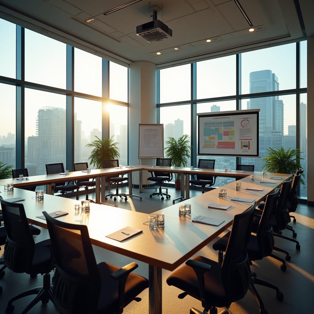 Professional workshop room with tables arranged in U-shape, visual boards on walls, and training materials ready for participants